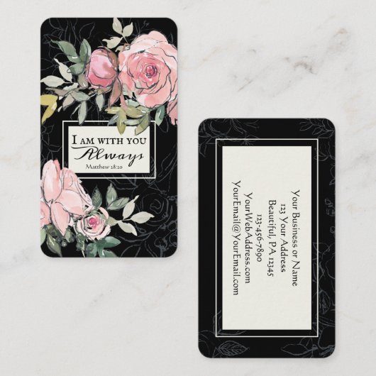 Matthew 28:20 ben ik bij jou altijd roze Floral. Visitekaartje (Voorkant / Achterkant)