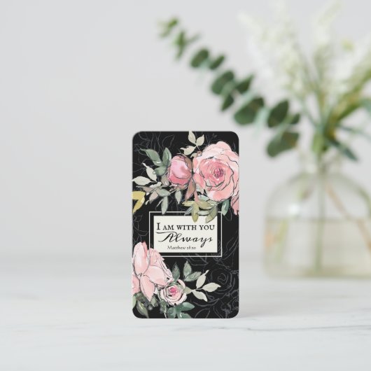 Matthew 28:20 ben ik bij jou altijd roze Floral. Visitekaartje (Staand voorkant)