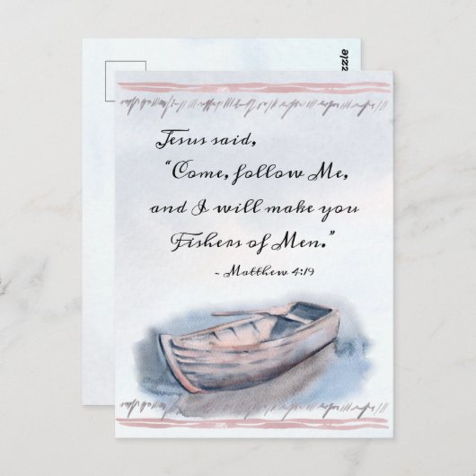 Matthew 4:19 Jezus zei: "Kom me volgen", Bijbel Briefkaart (Voorkant / Achterkant)