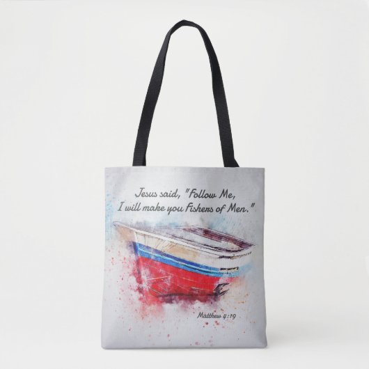 Matthew 4:19 Jezus zei: "Volg me Bijbelverse" Tote Bag (Voorkant)