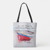Matthew 4:19 Jezus zei: "Volg me Bijbelverse" Tote Bag (Achterkant)