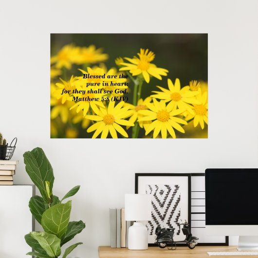 Matthew 5:8 Biblical Verse met Golden Flowers Poster (Thuiskantoor)
