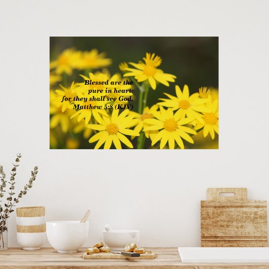 Matthew 5:8 Biblical Verse met Golden Flowers Poster (Keuken)