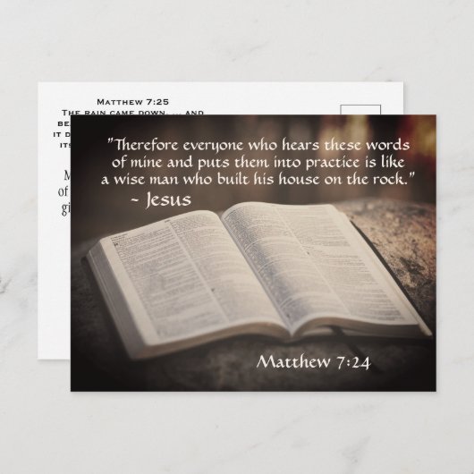 Matthew 7:24-25 Bouwt zijn huis op de rots, Bijbel Briefkaart (Voorkant / Achterkant)