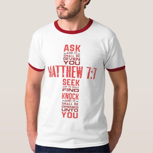 Matthew 7:7 bijbelse wijsvinger over de Mannen T-shirt (Voorkant)