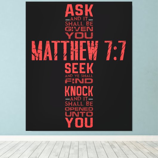 Matthew 7:7 Bijbelverse cross canvas (Insitu (Houten vloer))