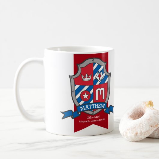 Matthew letter M heraldry red blue name Koffiemok (Met donut)