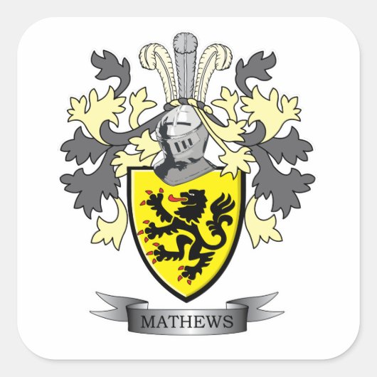 Matthews Family Crest Coat of Arms Vierkante Sticker (Voorkant)