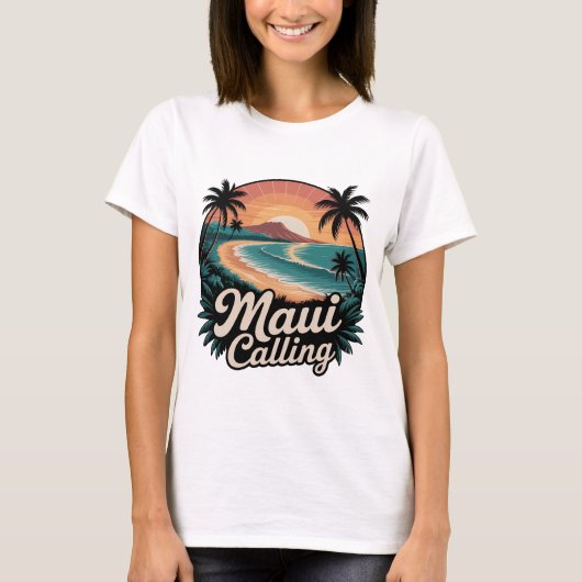 Maui Calling – Retro Hawaiian Sunset Beach T-shirt (Voorkant)
