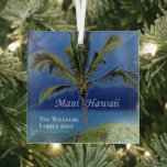 Maui Hawaii Beauful Custom Keepomwille Beach House Glas Ornament<br><div class="desc">Mooie vette blauwtjes achter een groene palmboom op tropische eilandfotografie voor mensen die van Maui houden,  Hawaii. Pas dit  strandhuis aan met kerstversiering met je familienaam en jaar.</div>