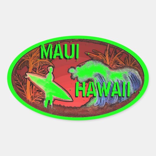 Maui Hawaii groene surfer golven kunst stickers (Voorkant)
