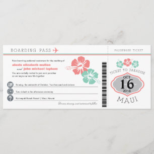 Maui Hawaii Hibiscus Boarding Pass Wedding Kaart