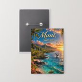 Maui Hawaii Tropische Kustlijn Reisposter Button (Voorkant / Achterkant)