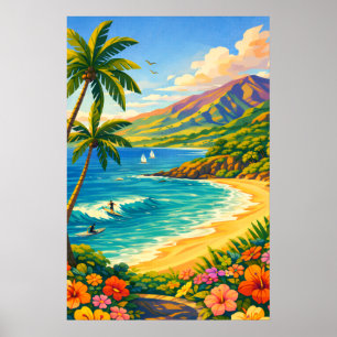 Maui Hawaii Tropische Kustlijn Retro Reis Kunst Poster