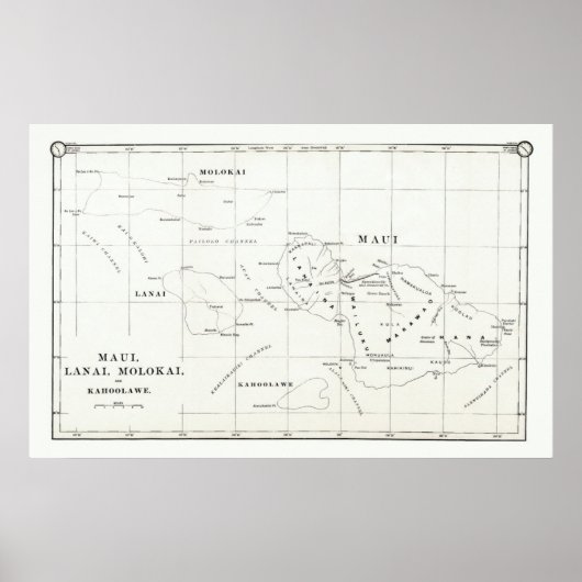 Maui, Lanai, Molokai, Kahoolawe  Map 1890 Poster (Voorkant)