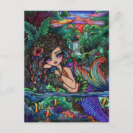 Maui Mermaid Hawaiian Girl Fantasy Art Briefkaart (Voorkant)