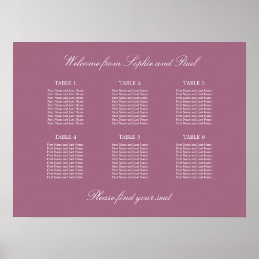 Mauve 6 Tafel Bruiloft Zitplaats Chart Poster (Voorkant)