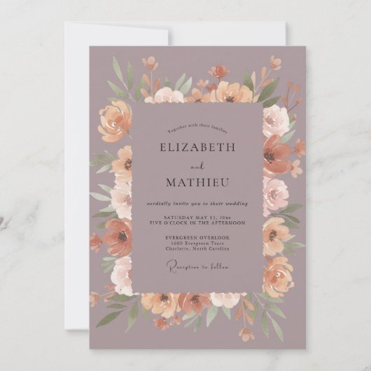 Mauve Abrikoos Ranunculus Eucalyptus Bruiloft Kaart (Voorkant)
