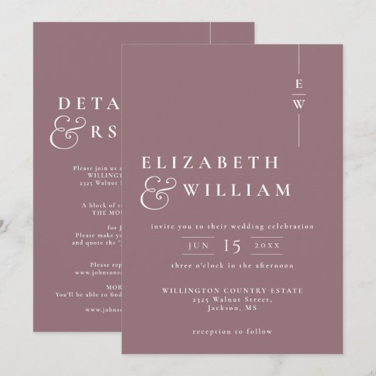 Mauve All In One Modern Monogram Bruiloft Kaart (Voorkant / Achterkant)