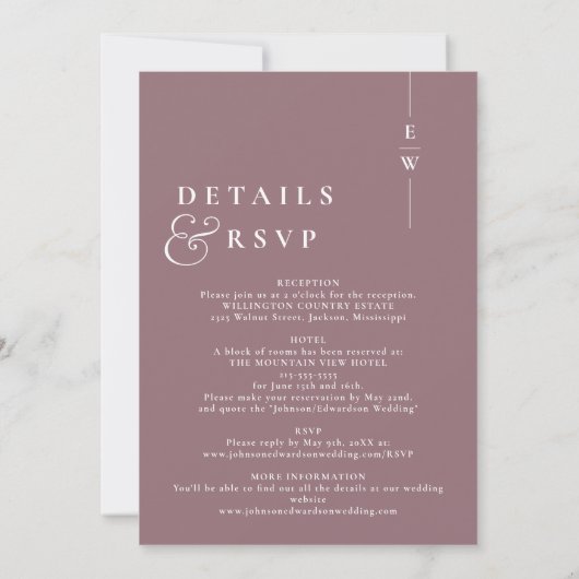 Mauve alles in een moderne monogram bruiloft kaart (Achterkant)