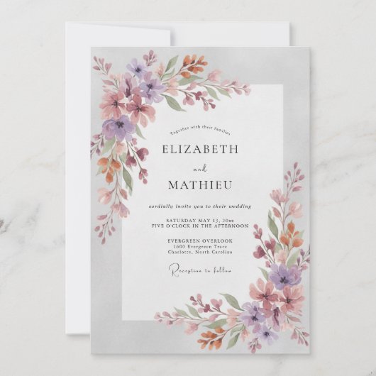 Mauve Amethist Wilde Bloemen Bruiloft Kaart (Voorkant)