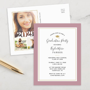 Mauve and Gold 3 Photo Graduparty Invitation Aankondigingskaart