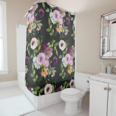 Mauve and Lila Floral Pattern on Black Douchegordijn (In situ)