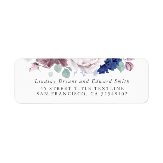 Mauve and Navy Blue Floral Wedding Label (Voorkant)