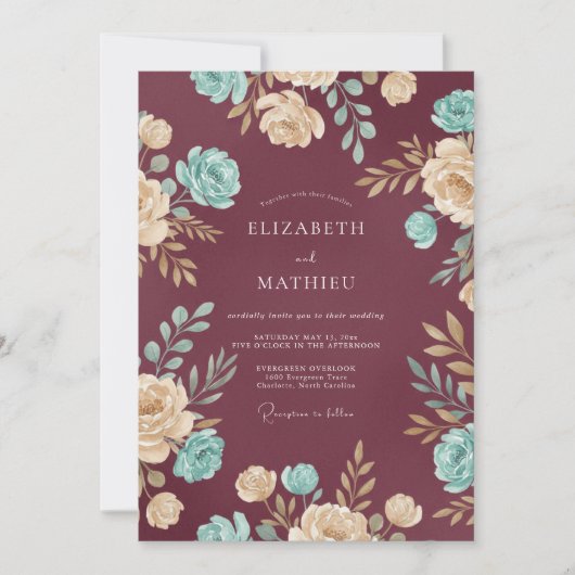 Mauve Aqua Bloem Bruiloft Kaart (Voorkant)