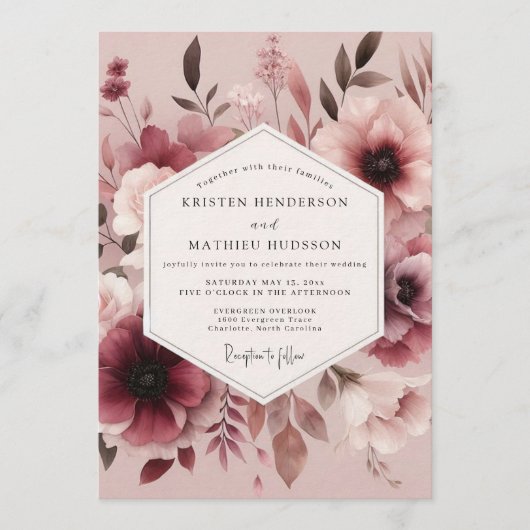 Mauve Aquarel Anemoon Bruiloft Kaart (Voorkant)