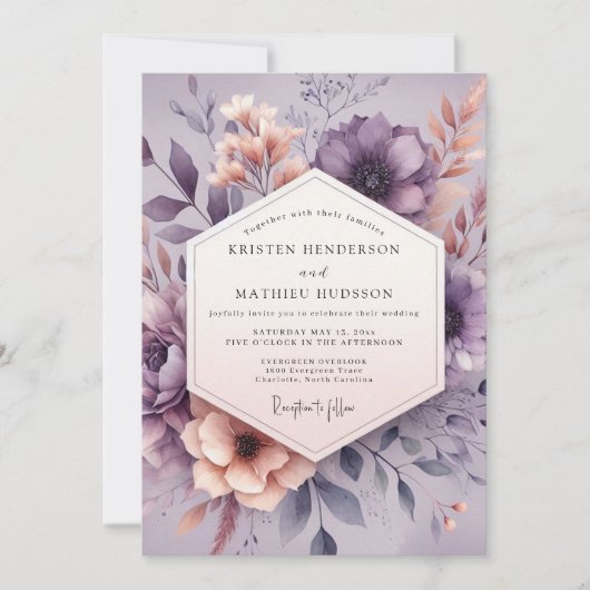 Mauve Aquarel Bloem Bruiloft Kaart (Voorkant)