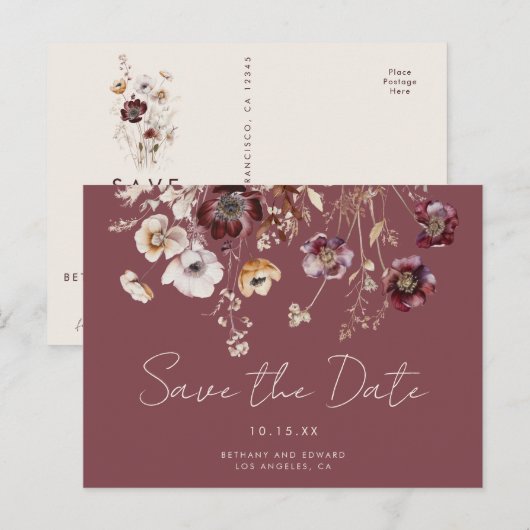 Mauve Autumn Floral Wedding Save the Date Briefkaart (Voorkant / Achterkant)
