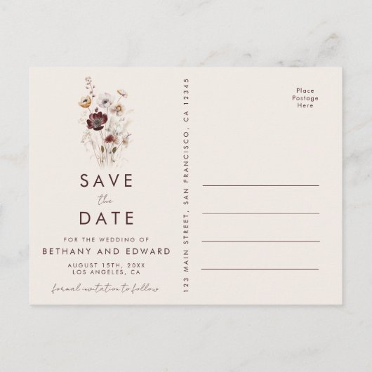 Mauve Autumn Floral Wedding Save the Date Briefkaart (Achterkant)