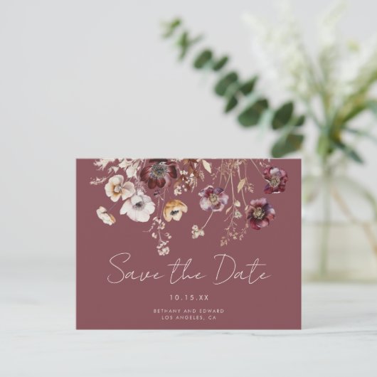 Mauve Autumn Floral Wedding Save the Date Briefkaart (Staand voorkant)