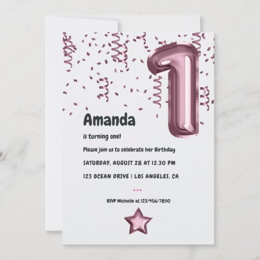 Mauve ballon 1e verjaardag uitnodiging (Voorkant)