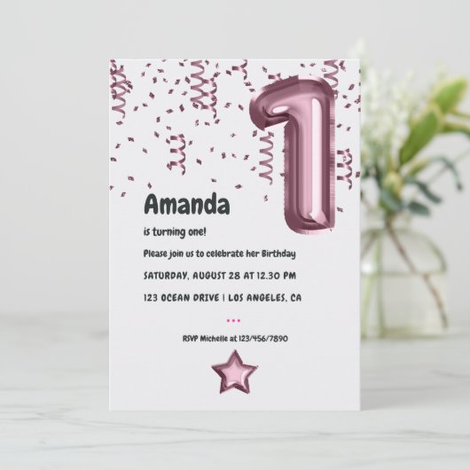 Mauve ballon 1e verjaardag uitnodiging (Staand voorkant)