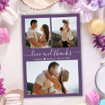 Mauve Bedankt 3 foto collage bruiloft dank u Briefkaart<br><div class="desc">Budget Stijlvolle Elegante Minimalistische Mauve Paarse kleur Hand Lettering Script 3 Foto Collage Bruiloft Dank u Postard. Eenvoudige, stijlvolle bruiloft dank u kaart sjabloon met drie (3) foto op de voorkant en een (1) foto op de achterkant. Met de tekst "Liefde en bedankt" in een wervelende hand geletterde kalligrafie of...</div>