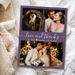 Mauve Bedankt Foto Collage Weddenschap Hartelijk d Briefkaart<br><div class="desc">Elegant, stijlvol, minimalistisch Mauve Paarse kleur Handje met 3 foto's Collage Wedding Dank je wel. Eenvoudige, stijlvolle bruiloft bedankt je sjabloon met drie (3) foto op de voorkant en één (1) foto op de achterkant. Met de tekst "Liefde en bedankt" in een handgeschreven kalligrafie of typografie scriptlettertype met witte spoelingen...</div>