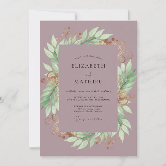 Mauve Bladkrans Bruiloft Kaart (Voorkant)