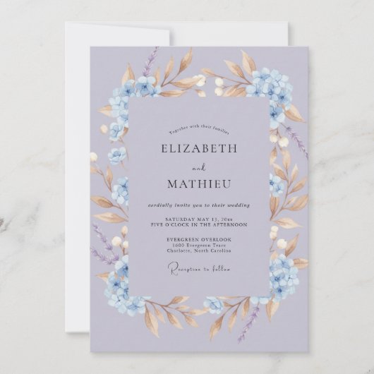 Mauve Blauwe Bloem Bruiloft Kaart (Voorkant)