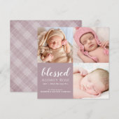 Mauve Blessed Baby Three Photo Collage Pset Birth Aankondiging (Voorkant / Achterkant)