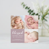 Mauve Blessed Baby Three Photo Collage Pset Birth Aankondiging (Staand voorkant)