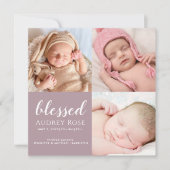 Mauve Blessed Baby Three Photo Collage Pset Birth Aankondiging (Voorkant)