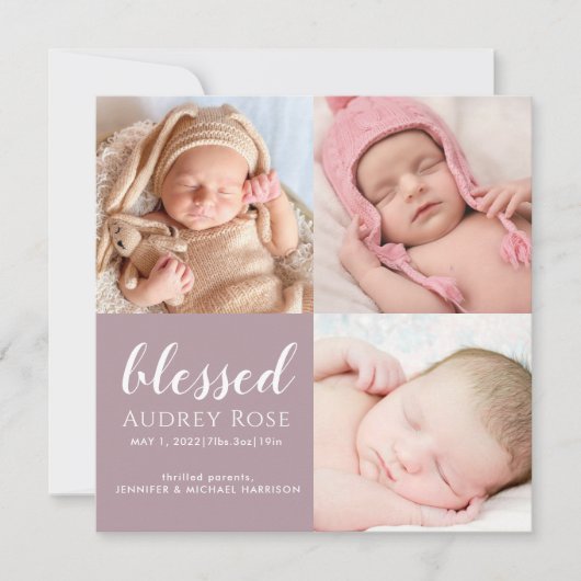 Mauve Blessed Baby Three Photo Collage Pset Birth Aankondiging (Voorkant)
