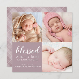Mauve Blessed Baby Three Photo Collage Pset Birth Aankondiging