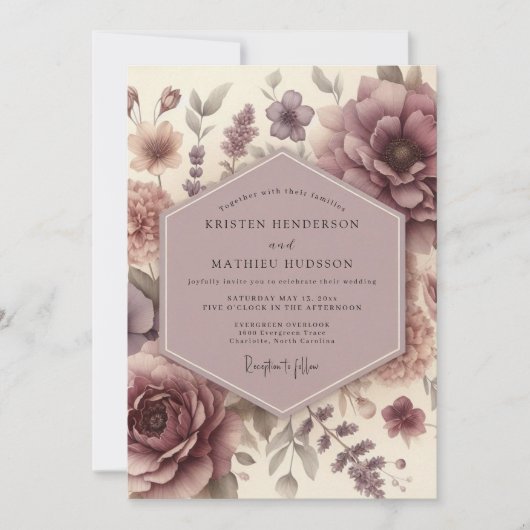 Mauve Bloeiende Bruiloft Kaart (Voorkant)