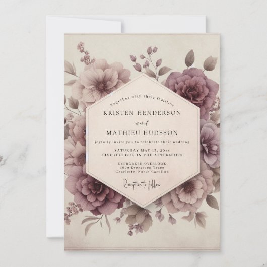 Mauve Bloem Romantische Vintage Bruiloft Kaart (Voorkant)