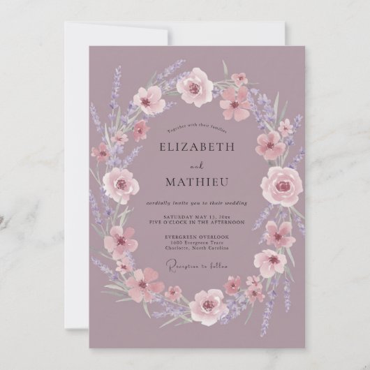 Mauve Bloemen Bruiloft Kaart (Voorkant)
