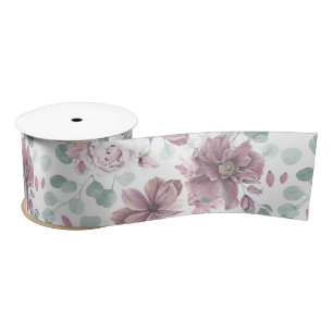 Mauve Bloemen en groen patroon Elegant Satijnen Lint