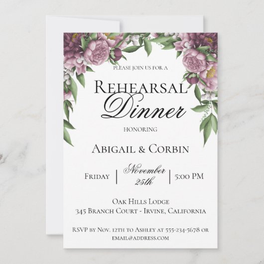 Mauve Bloemen repetitie diner uitnodiging (Voorkant)